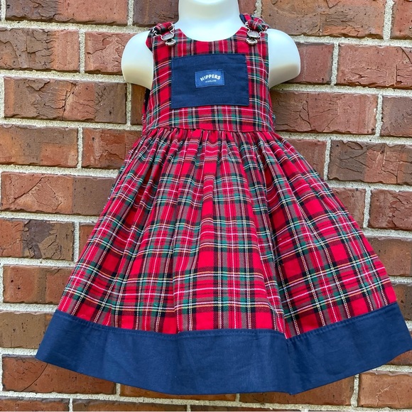 Red Navy Blue Plaid Overall Dress Girls A-Line Skirt Nippers Scotland - Picture 2 of 6